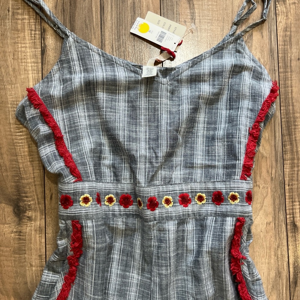 RAGA ANTHROPOLOGIE Plaid Embroidered Detail Fringe Tie Waist Wide Leg Jumpsuit M - Picture 4 of 13
